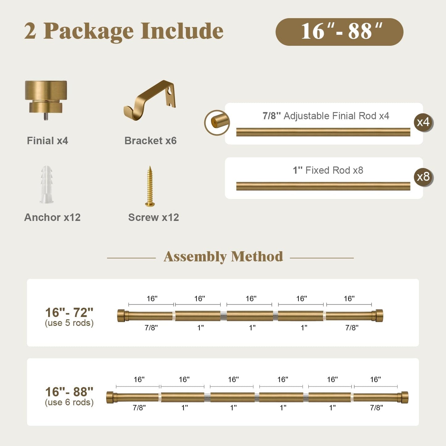 Oneach 2-Pack Heavy Duty Curtain Rods for Windows 48 to 84 Inch, 1 Inch Pole Adjustable Curtain Rod Set with Easy Installation and Modern Design (Antique Gold, 16 to 88 Inch)