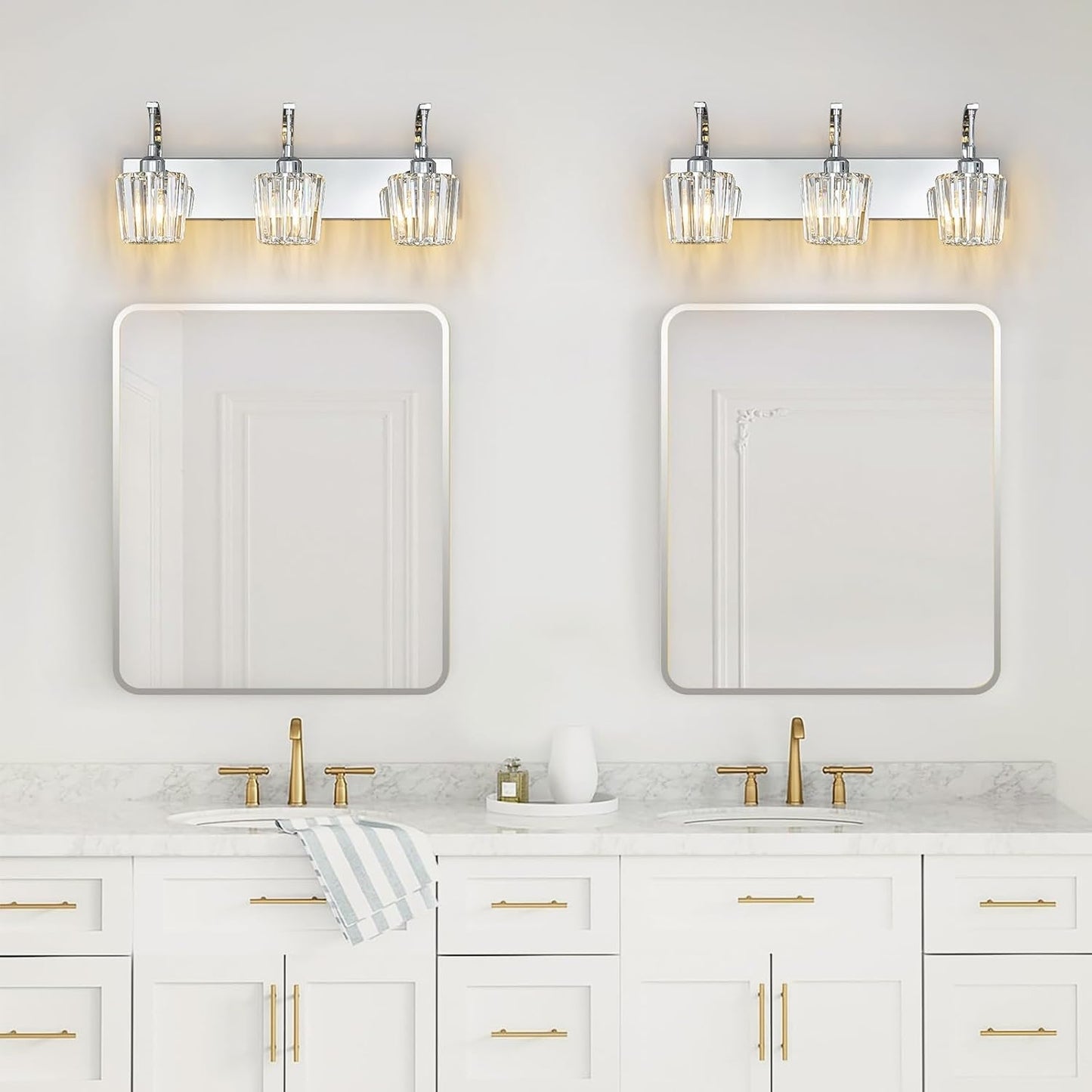 Modern Bathroom Vanity Light, 3-Light Chrome Wall Sconce with Crystal Accents, Over Mirror Bathroom Lighting Fixture, 23.62" Long Dimmable Vanity Lamp for Makeup, Easy Installation