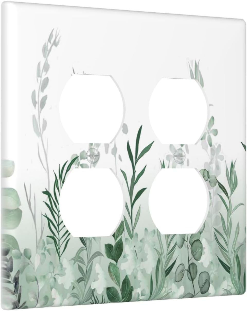 Watercolor Green Leaf Rustic Plant Eucalyptus Flowers Outlet Covers 2 Gang Double Duplex Decorative Light Switch Covers Electrical Wallplates Socket Faceplate for Bed Room Living Room Decor