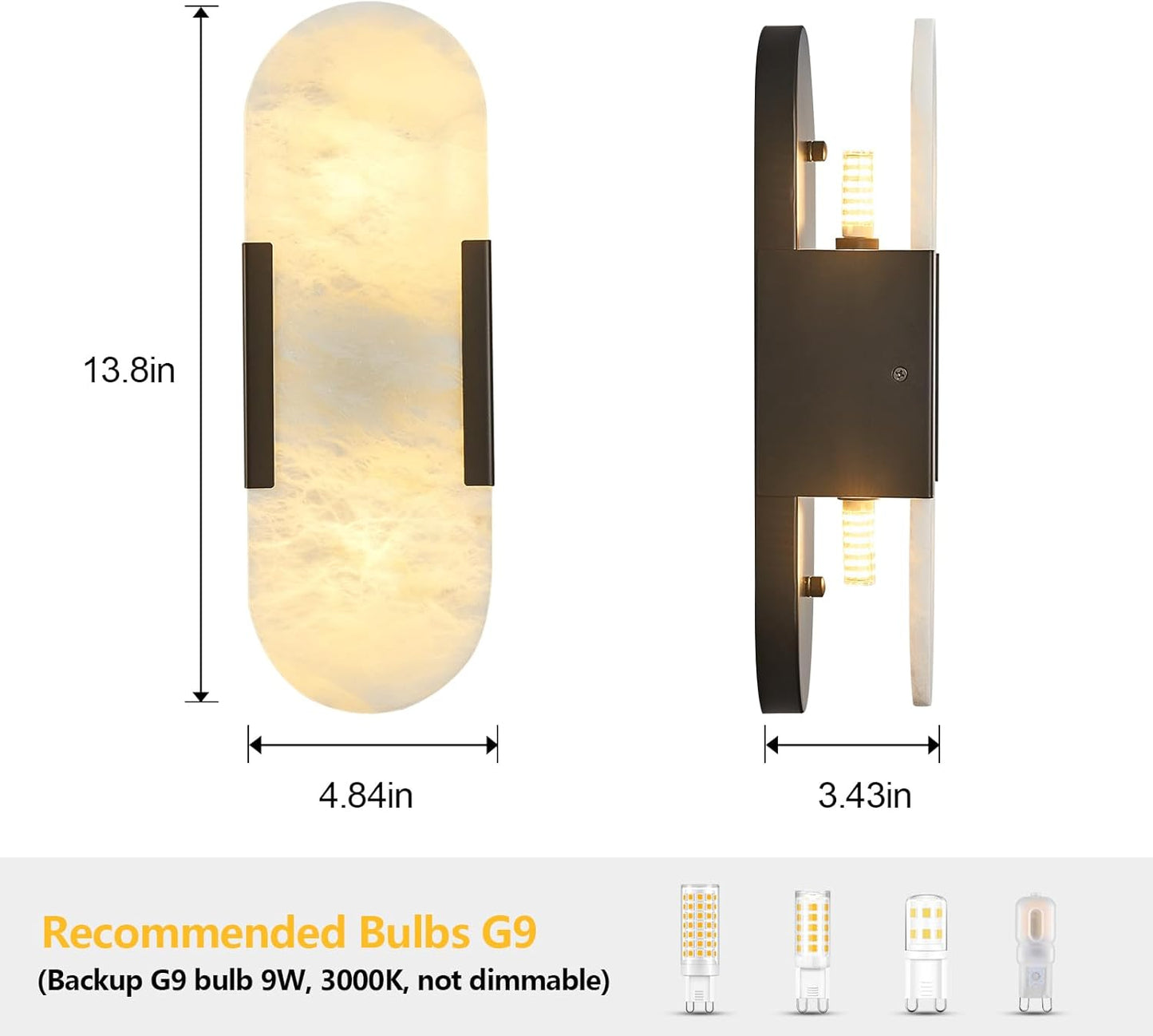 Alabaster Wall Sconce, Modern Natural Marble Wall Sconces for Indoor Lighting, 13.8 in Black Wall Lights for Bathroom Dining Room Stairs Bedroom (1-Pack)