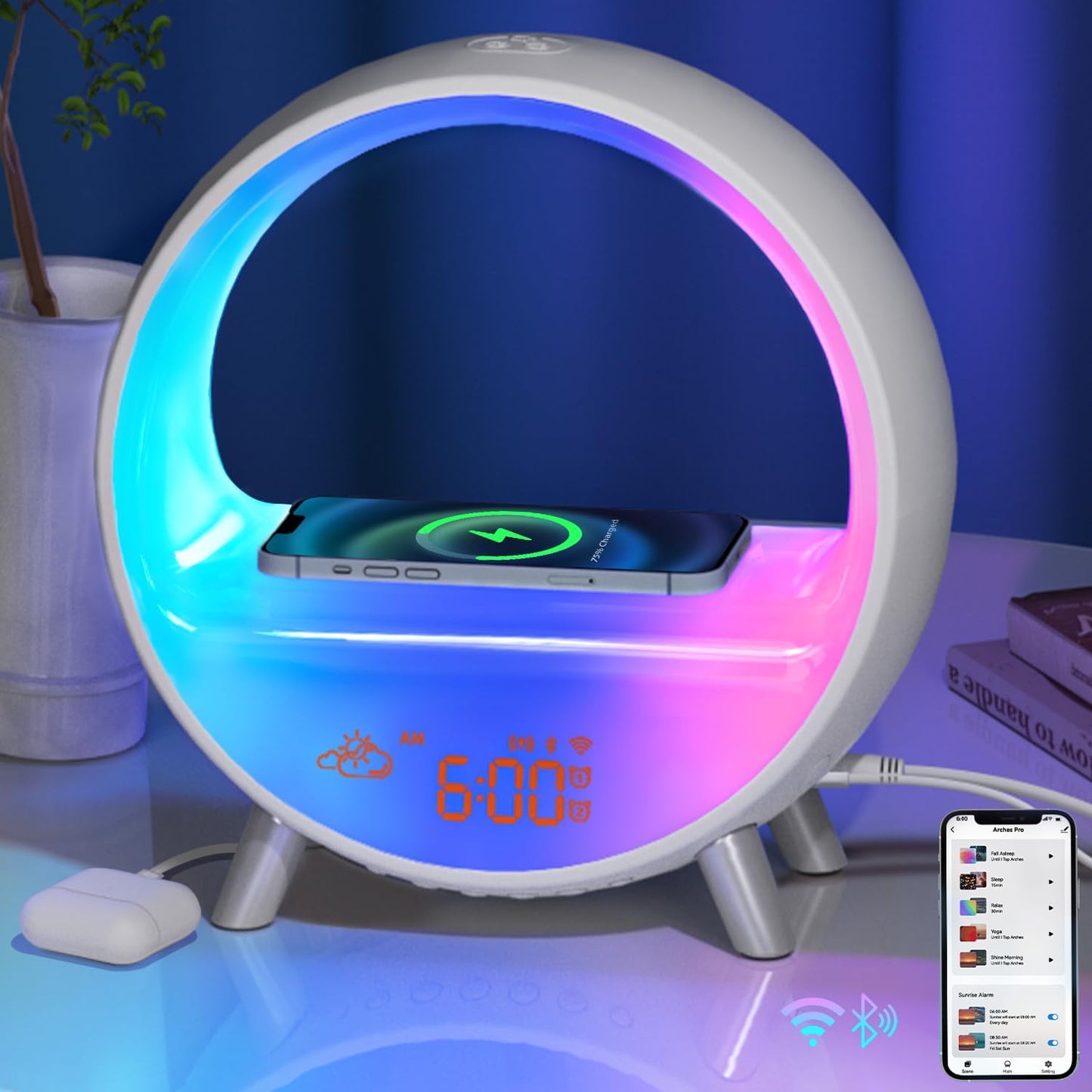 MOMILLA Smart Alarm Clock with Wireless Charging Station, Wake up Light w/Bluetooth Speaker, Compatible with Airpods/iPhone, APP Control White Noise Sound Machine, Sunrise Alarm Clocks for Bedrooms