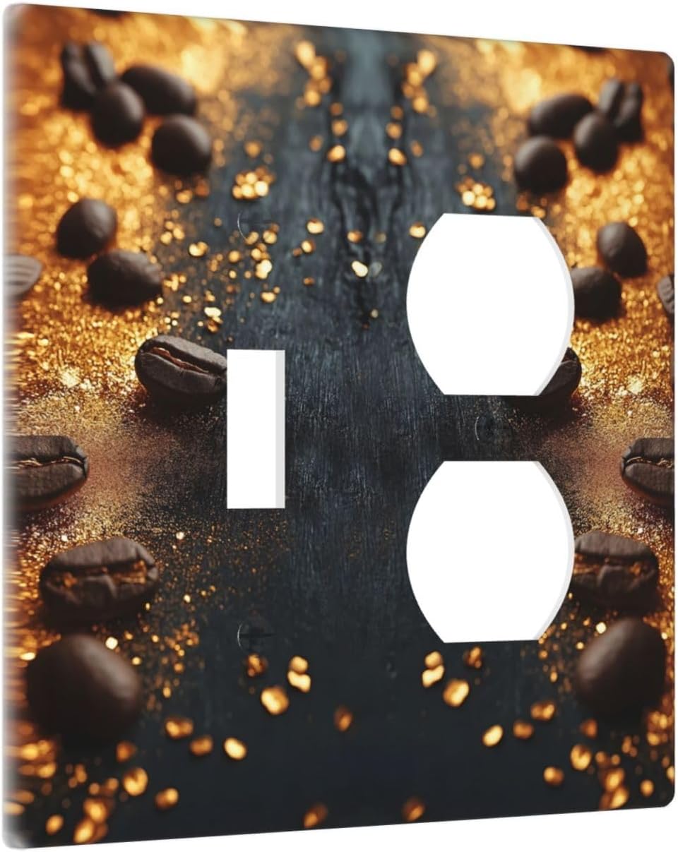 Decorative Outlet Covers Black Wood Board Gold Dust Coffee Beans 2 Gang Wall Plate Cover Single Toggle Duplex Combo Two Switch Light Switch Cover Plate Jumbo Face Plate