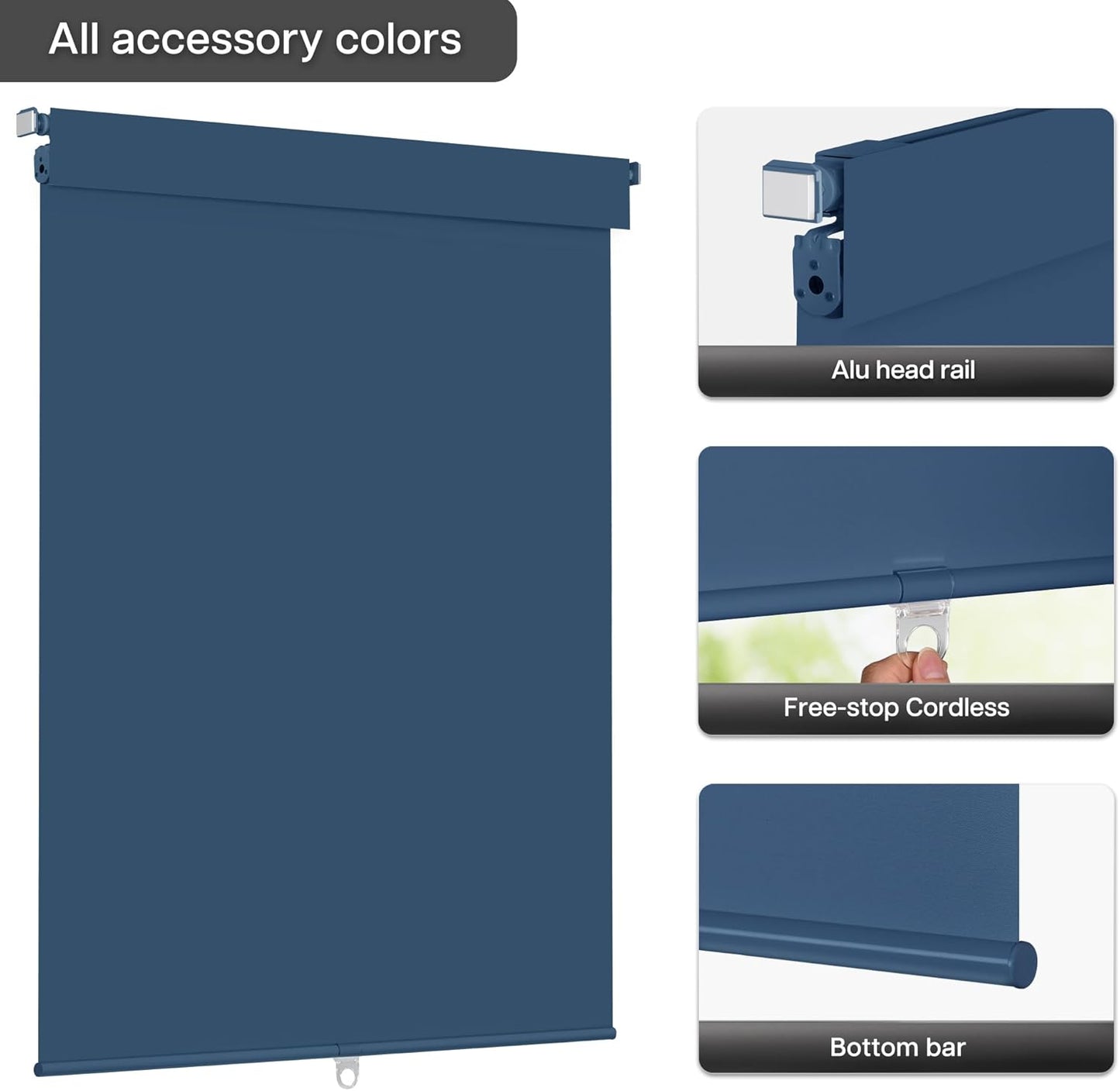LazBlinds No Drill Blinds for Indoor Windows, Blackout Roller Shades, Cordless Window Blackout Blinds, Thermal Insulated Fabric UV Protection for Home and Office, 21" W x 72" H, Navy Blue