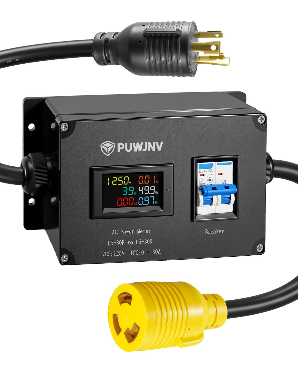 30A AC Power Meter, 125V L5-30P to L5-30R Outlet Energy Monitor, LCD Display Digital Multimeter Tester, Voltage Current Power Frequency Meter with Overload Protection