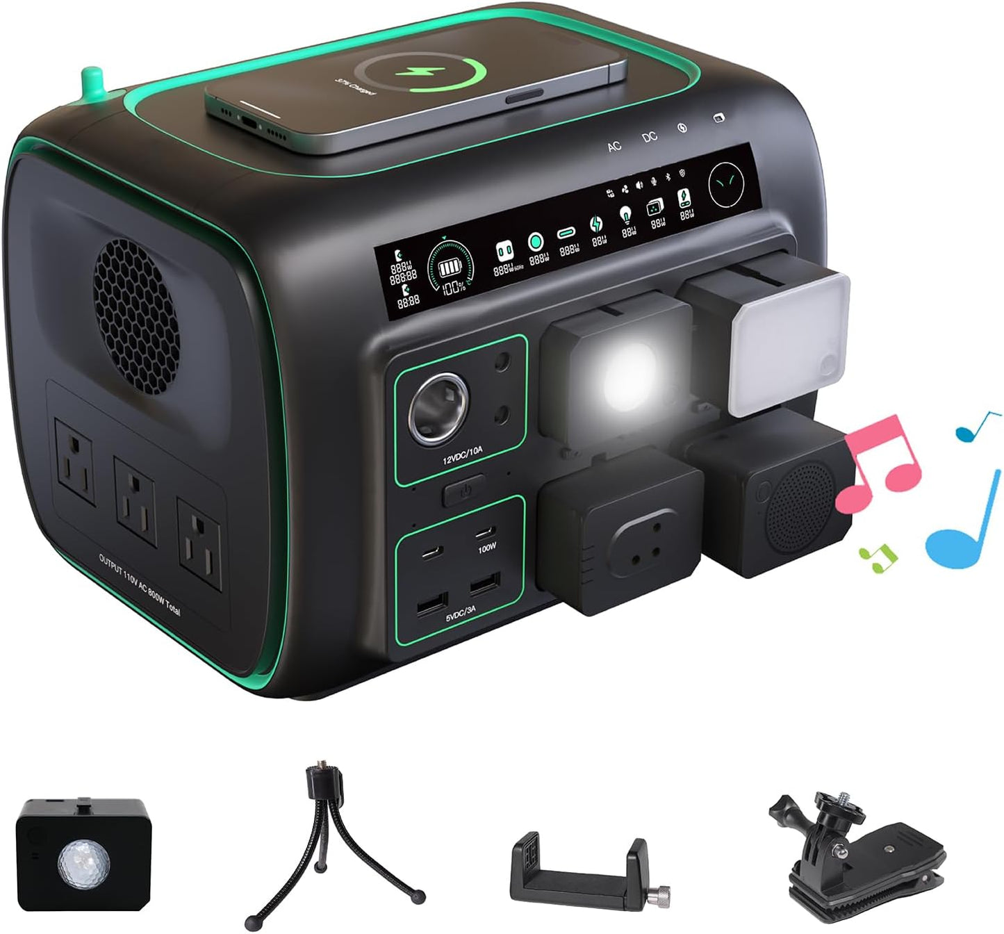 Portable Power Station, with Snap-on Light, Speaker & Charger, 800W Solar Generator, 512Wh Outdoor Power supply for Camping RV hiking, 100W USB-C Output, 3 AC Outlets