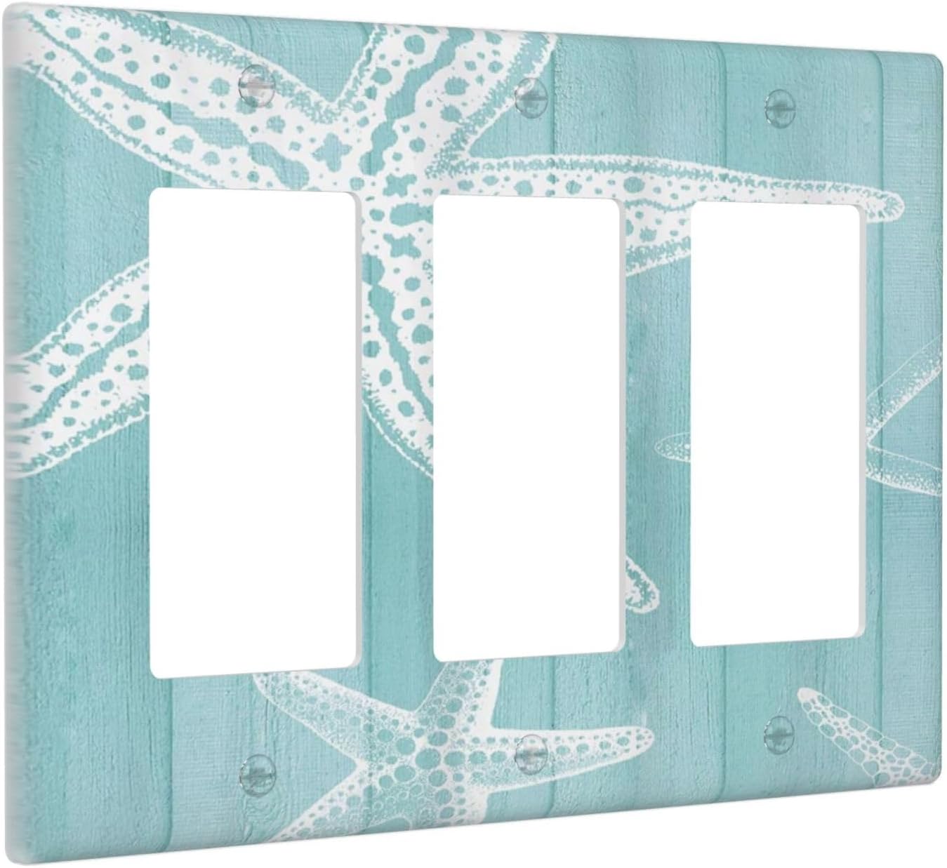Decorative Outlet Covers Starfish Teal Wood Board Nautical 3 Gang Light Switch Cover Plate Triple Rocker Wall Plates for Electrical Outlets Switch Plate Covers for Bedroom Home Decor