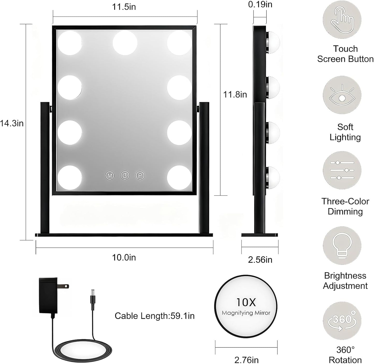 Lighted Vanity Mirror with 9 LED Lights, Detachable 10x Magnifying Mirror, 3-Color dimmable Hollywood Makeup Mirror, Smart Touch Control, Metal Frame, 360-degree Rotation, White/Black (Black)