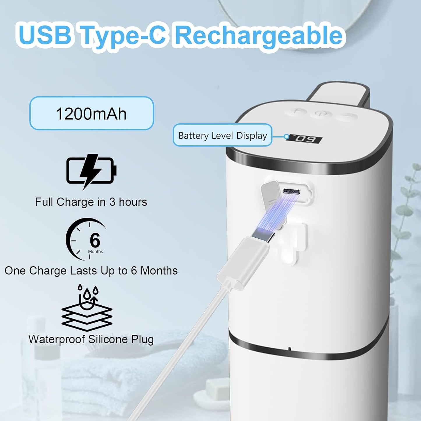 Automatic Liquid Soap Dispenser Touchless, USB Rechargeable Smart Hand Soap Dispenser, 9-Level Adjustable, Physical Button Operation, 13.5oz/400mL Wall Mounted for Bathroom Kitchen Dish Soap