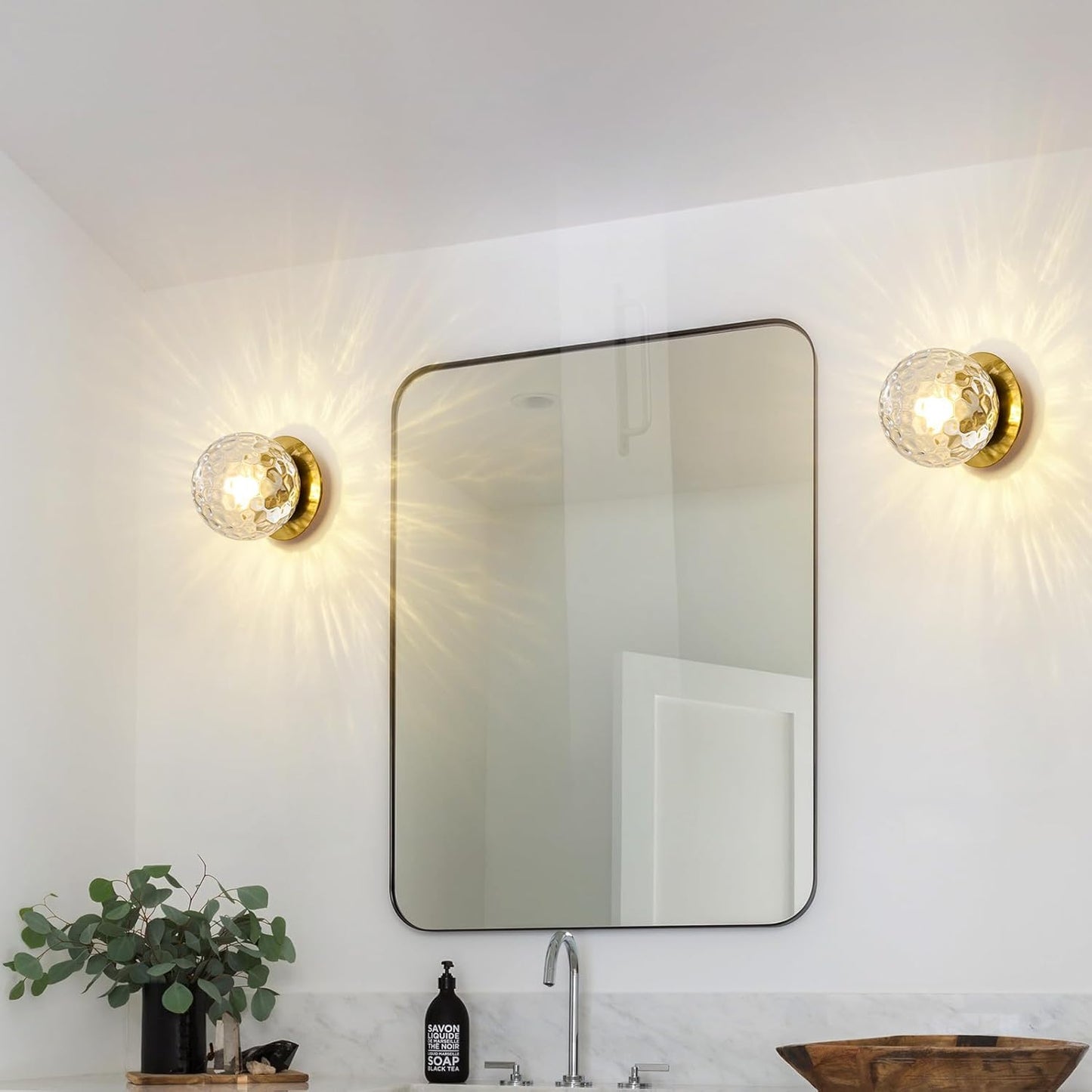 Modern Glass Globe Wall Sconce: Gold Spherical Sconces Light with Hammered Clear Glass Shade - Small Brass Vanity Single Ball Lights Fixture - Contemporary Wall Mounted Lamp for Bedroom Living Room