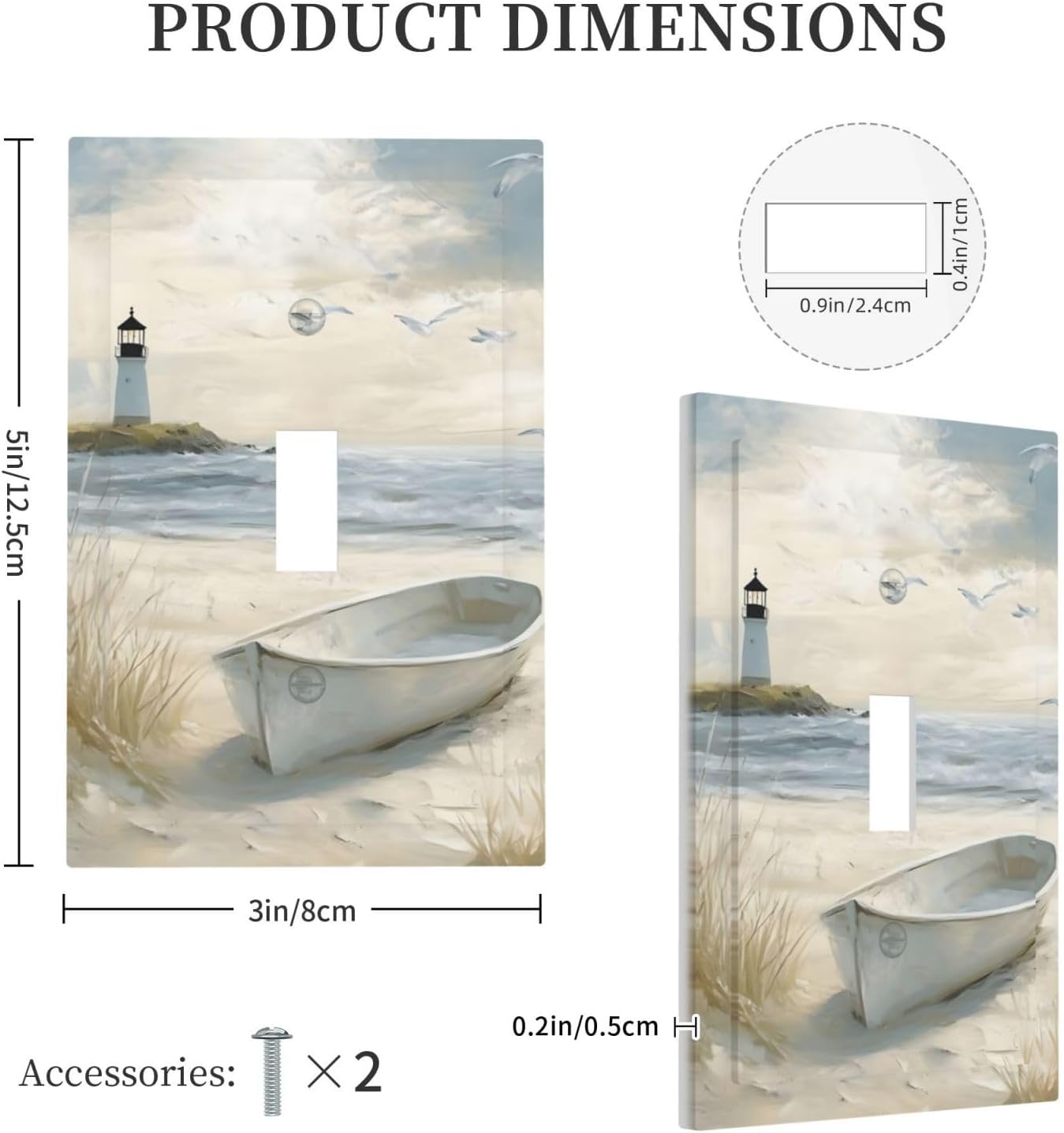 Decorative Light Switch Plate Covers Seascape Painting with Lighthouse Boats 1 Gang Wall Plate Unique Single Toggle Light Switch Covers Artistic Faceplate for Bedroom Decor（2 Pack）