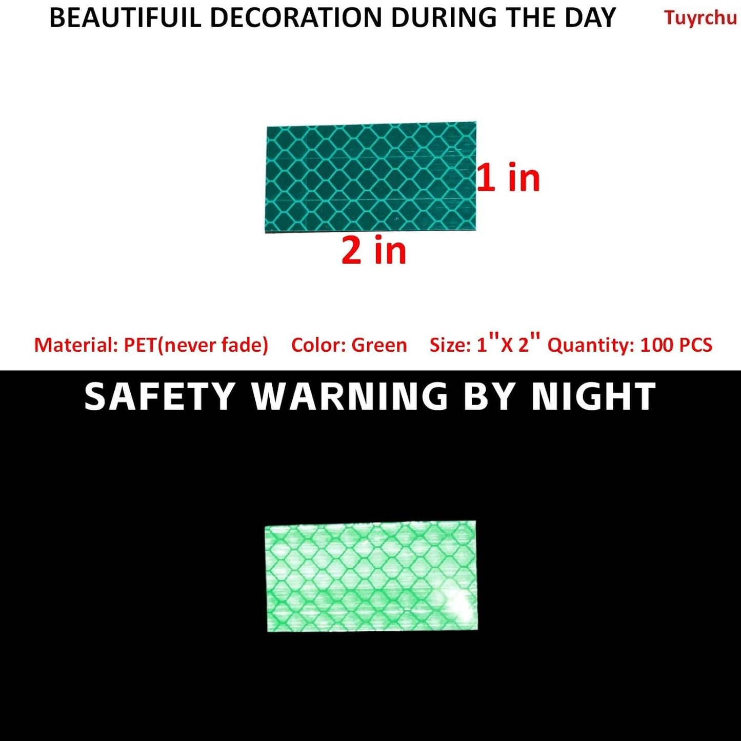 Non Fading Green Reflective Stickers 1 inch X 2 inch, Outdoor Waterproof High Visibility Warning Safety Adhesive Reflector Tape (100 Pcs)