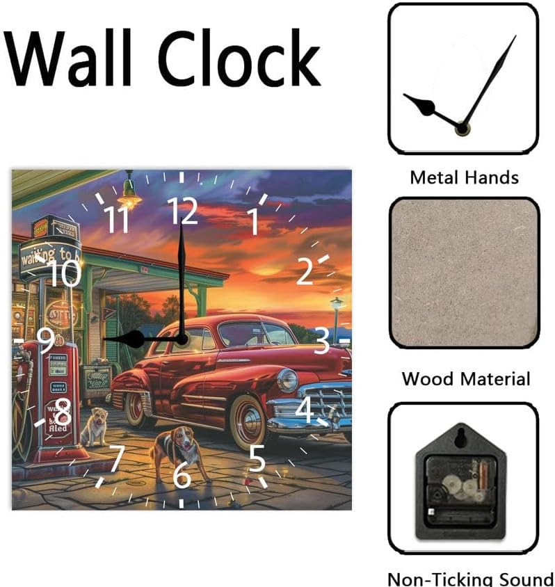 10 in Old Fashioned Gas Station Car -270 Wood Wall Clock – Digital Time Display, Smart Home Compatible for Bedside or Workspace