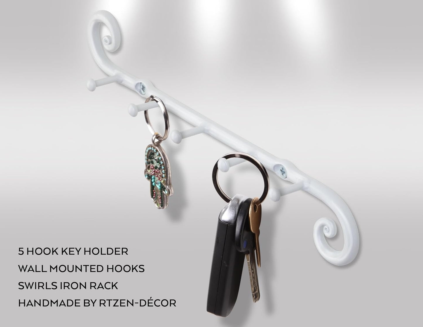 RTZEN Farmhouse Small Key Holder for Wall - Handcrafted Swirl Decorative 5 Key Hooks for Home Entryway - Wrought Iron Wall Mount Rack Purse Coat and Leash Holder or Organizer (Classic White)