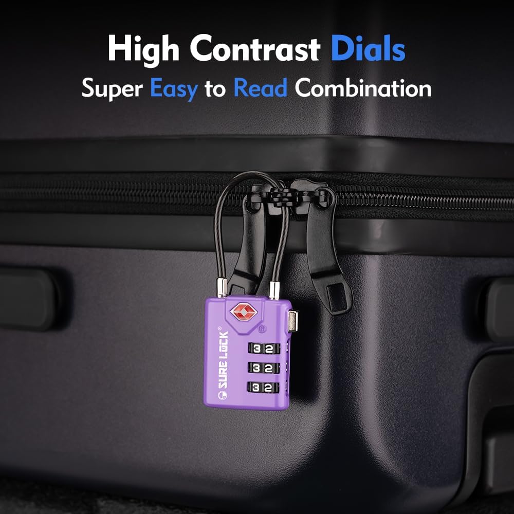 SURE LOCK TSA Compatible Travel Luggage Locks, Inspection Indicator, Easy Read Dials TSA Approved with Zinc Alloy (2, Purple 2 Pack)