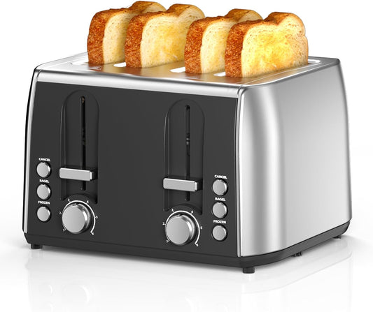 Cowsar 4 Slice Toaster, Compact Toaster with Extra Wide Slots for Toasting Bread, Bagel, Cancel/Bagel/Defrost Function, Dual Independent Controls, 6 Shade Settings, Removable Trays, Brushed Stainless