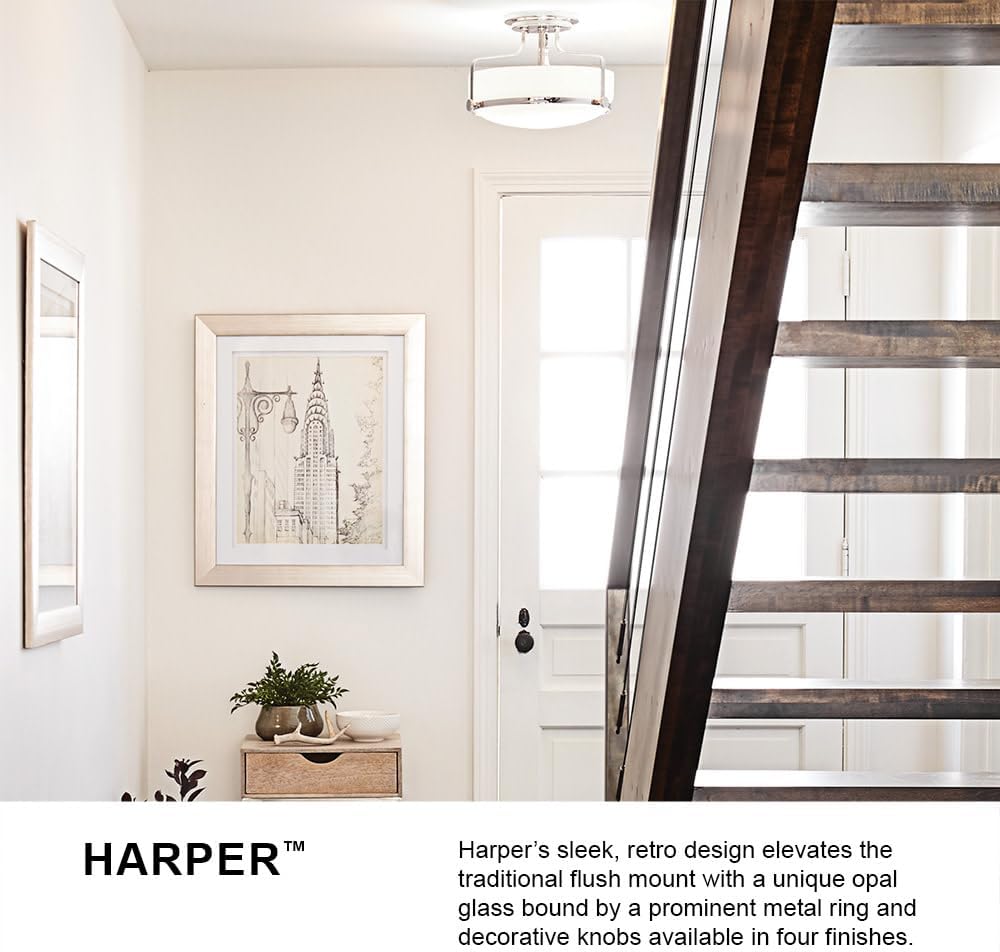 Hinkley Harper 3641HB Medium Semi-Flush Mount Ceiling Light for Kitchen, Bedroom, Bathroom, and Hallway, Sleek, Retro Style Heritage Brass and Etched Opal Glass