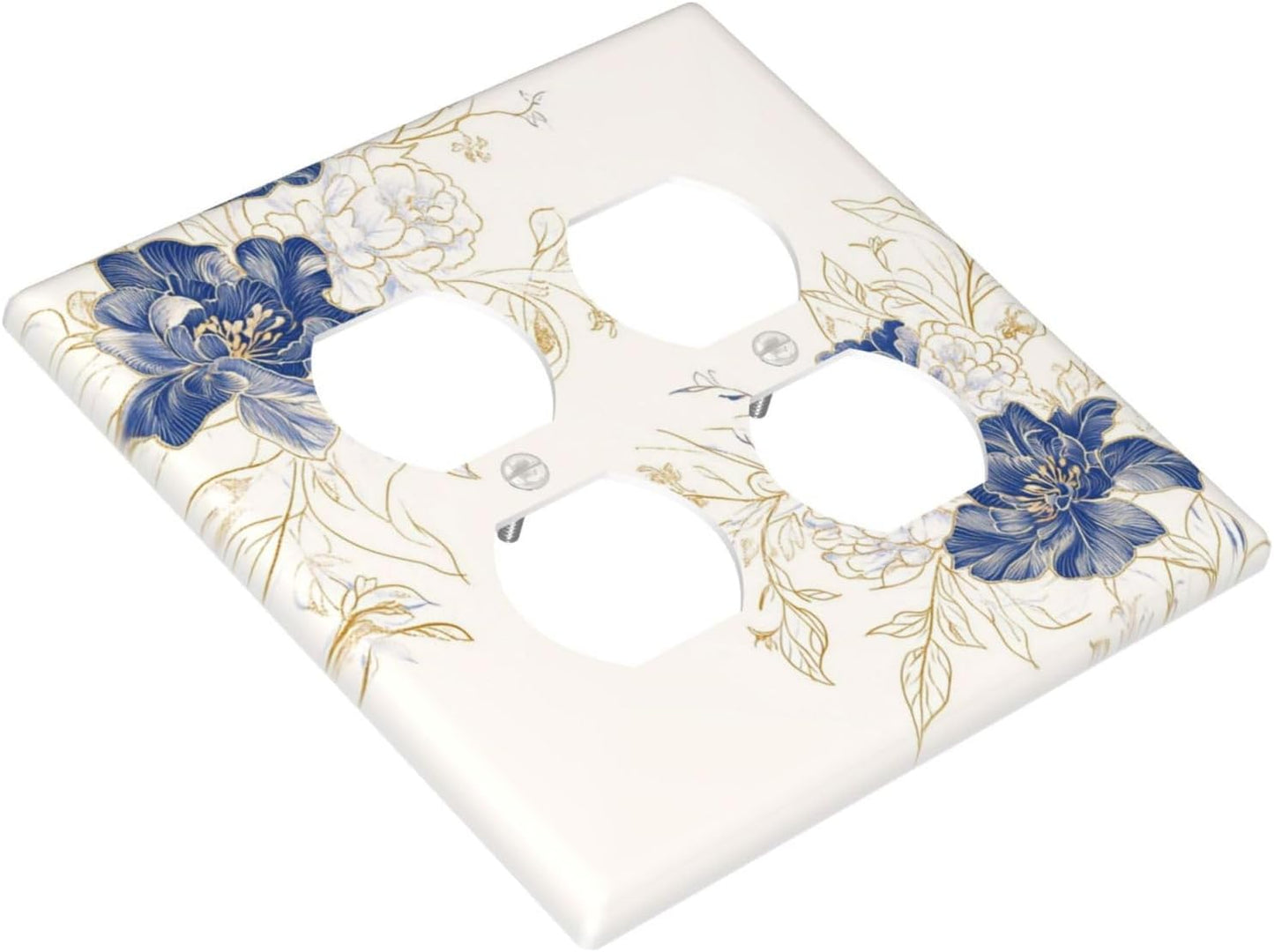 Decorative Outlet Covers Rustic Blue Flower Floral Gold Leaf 2 Gang Light Switch Cover Plate Double Duplex Wall Plates for Electrical Outlets Switch Plate Covers for Bedroom Home Decor