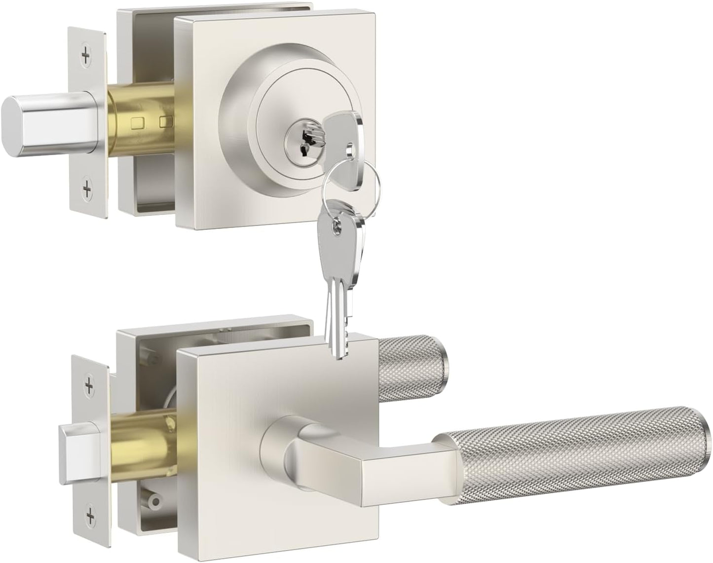 Asidrama Premium Brushed Satin Nickel Zinc-Alloy Front Door Lock Set: Double Cylinder Deadbolt, Heavy Duty Security Handleset for Left/Right Exterior Doors, Universal Entry Locks (1 Pack)