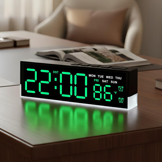 zyzamay 7-Inch Modern LED Digital Alarm Clock with Dual Alarms & Soft Bottom Light｜Displays Time, Date, Day, Temperature ｜3-Level Auto/Manual Brightness, DST, USB or Battery Powered Desk Clock,Green