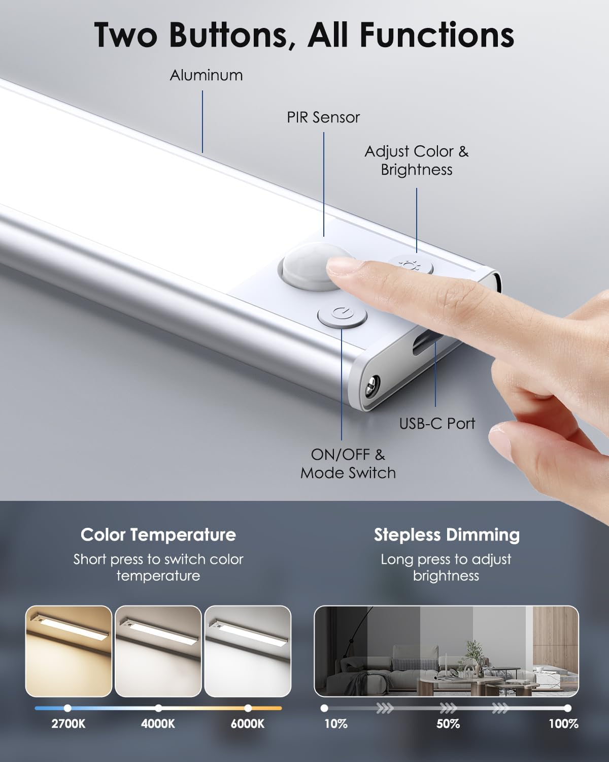 VerRon 14in Under Cabinet Lighting, 3200mAh Rechargeable Battery Powered Closet Lights with 3 Color Tempers 108 LED, Wireless Motion Sensor Light Indoor, Dimmable Lights for Kitchen, Stair, 5-Pack