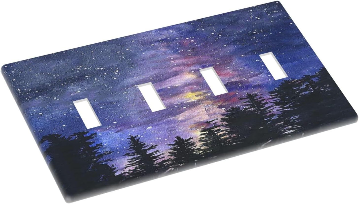 Light Switch Covers Dream Milky Way Starry Forest Pine Watercolor Painting Quad Toggle 4 Gang Wall Plate Electrical Faceplate Decorative Switch Plates for Bedroom Home Decor