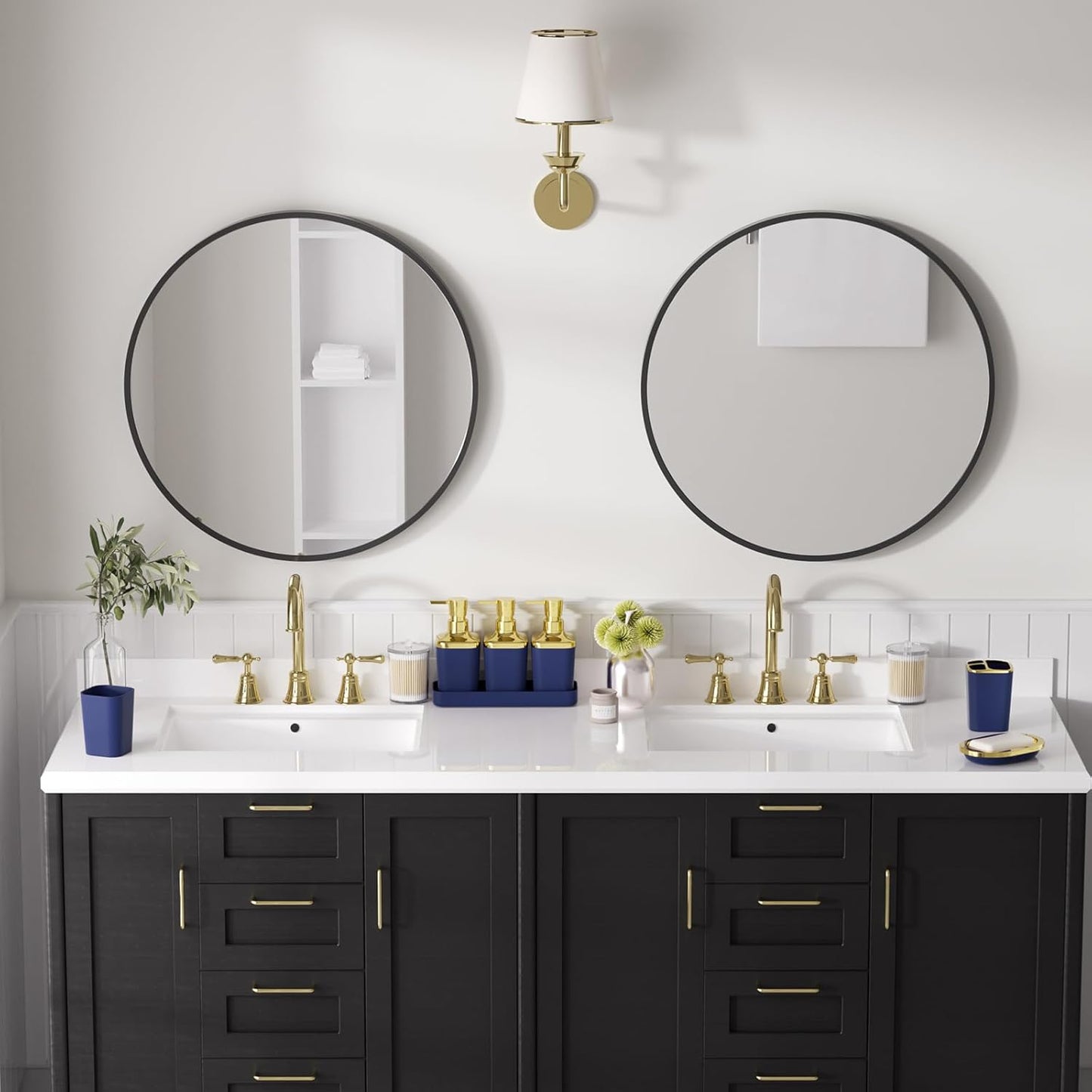Bathroom Sets with Shower Curtain and Rugs, 27PC Bathroom Accessory Set, Blue Bathroom Set, Navy Blue Bathroom Accessories Set with Trash Can, Toilet Brush and Soap Dispensers