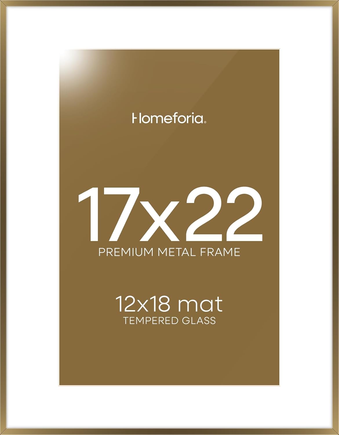 Homeforia 17x22 Picture Frame Bronze, High End Metal 17x22 Brass Poster Frames with Mat 12x18 Photo, 17 x 22 Frame Matted to 12 by 18 inch Print, 22by17 Thin Frames, Tempered Glass, Wall Kit, Set of 1