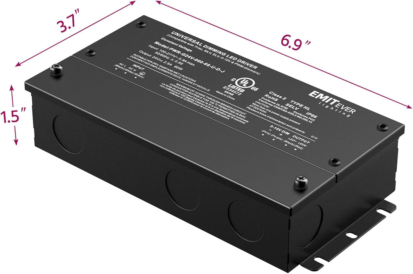 EMITEVER 60W Dimmable LED Driver, 24V Triac Dimmable Power Supply, AC to DC Transformer for LED Light, Compatible with Lutron and Leviton Dimmer, Waterproof IP67 and UL Listed, Class 2