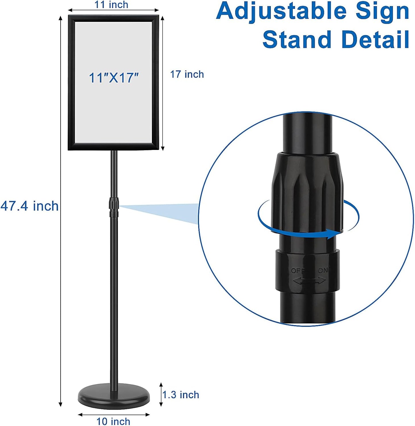 Adjustable Sign Holder Stand 11x17 inch,Pedestal Floor Signage Standing Holder with Heavy Duty Base, Aluminum Snap Open Frame Display for Business Restaurant, Mall,Schools-1 Pack