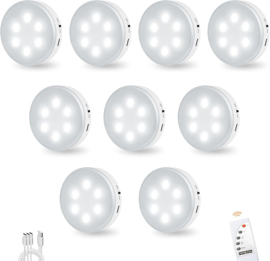 Puck Lights with Remote Control, Under Cabinet Lighting with Magnetic and Cordless, 1200mAh Rechargeable Closet Lights Stick On Lights for Under Cabinet,Hallway, Stairway,Closet (Cool White,9pcs)