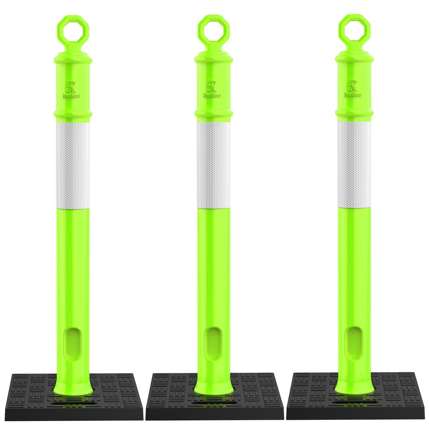 RoadHero 45 Inch Delineator Post with Base, Portable Lime Green Traffic Delineator Posts Cones with Reflective Collars for Parking Lots, Road Safety, Construction Events 3 Pack