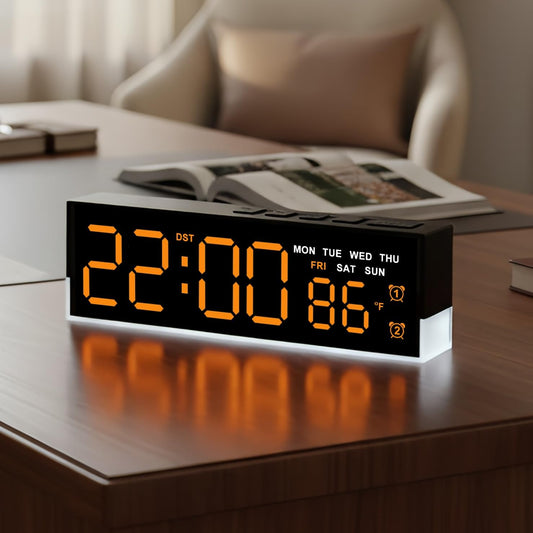 zyzamay 7-Inch Modern LED Digital Alarm Clock with Dual Alarms & Soft Bottom Light｜Displays Time, Date, Day, Temperature｜3-Level Auto/Manual Brightness,DST, USB or Battery Powered Desk Clock,Orange
