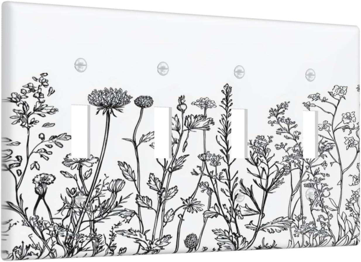 Light Switch Covers Floral Wildflower Rustic Plant Leaves Quad Toggle Electrical Faceplate 4 Gang Wall Plate Decorative Switch Plates For Farmhouse Cabin Decor