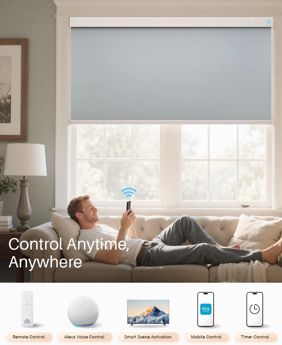 Smart Roller Shades for Windows, Alexa Blackout Motorized Blinds with Remote Control, Easy Install Automatic Electric Blinds for Indoor (43" W x 72" H, Gray Fabric & White Shell)
