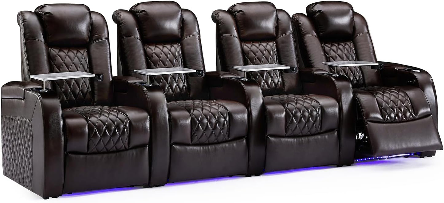Weilianda Home Theater Seating Top Grain Leather Zero Gravity Recliner Chair Power Headrest Recline Movie Seat Gaming 7 Colors Mood Light Sofa with Tray Table USB Charge Row of 4 Brown