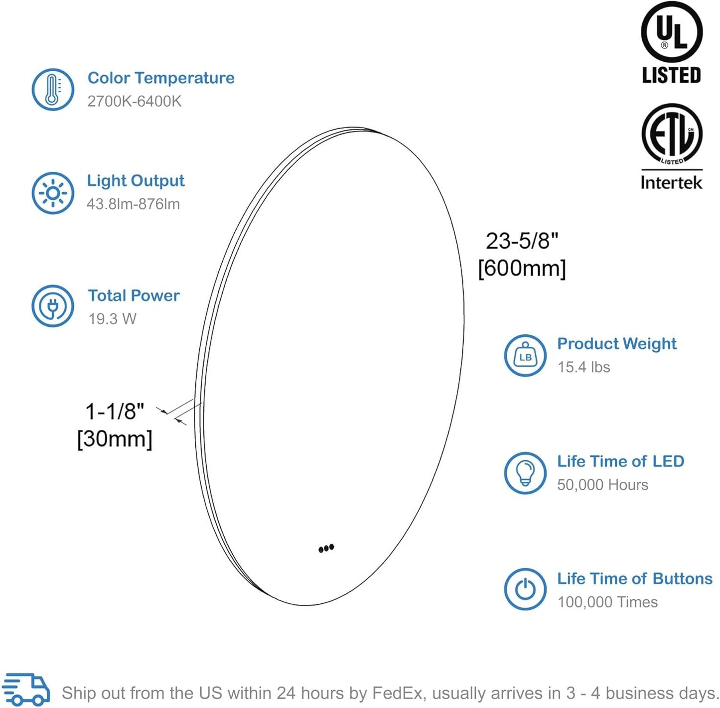 Blossom 24 Inches Large Modern LED Round Bathroom Vanity Mirror, Color Temperature Adjustable, Anti-Fog Dimmable Lights, Easy to Install, Wall Mounted Makeup Mirror with Smart Touch Button