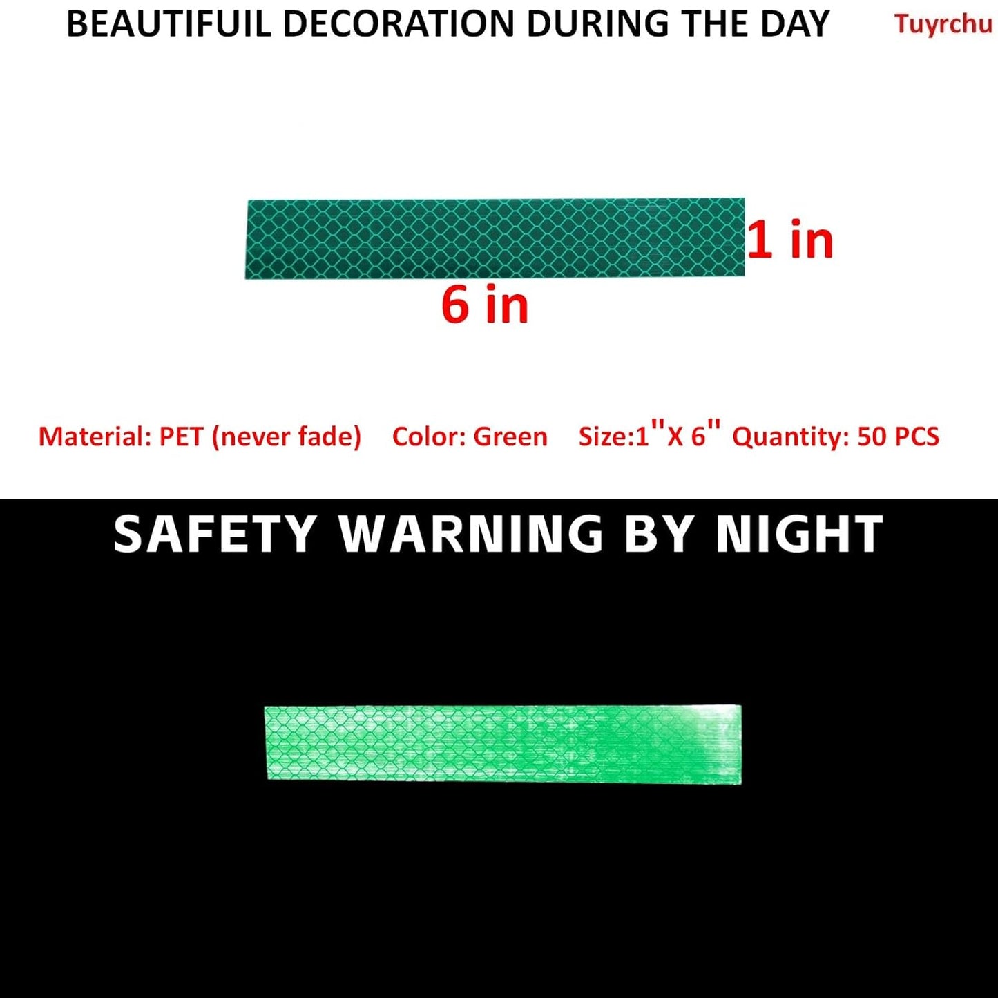 Non Fading Green Reflective Stickers 1 inch X 6 inch, Outdoor Waterproof High Visibility Warning Safety Adhesive Reflector Tape (50 Pcs)