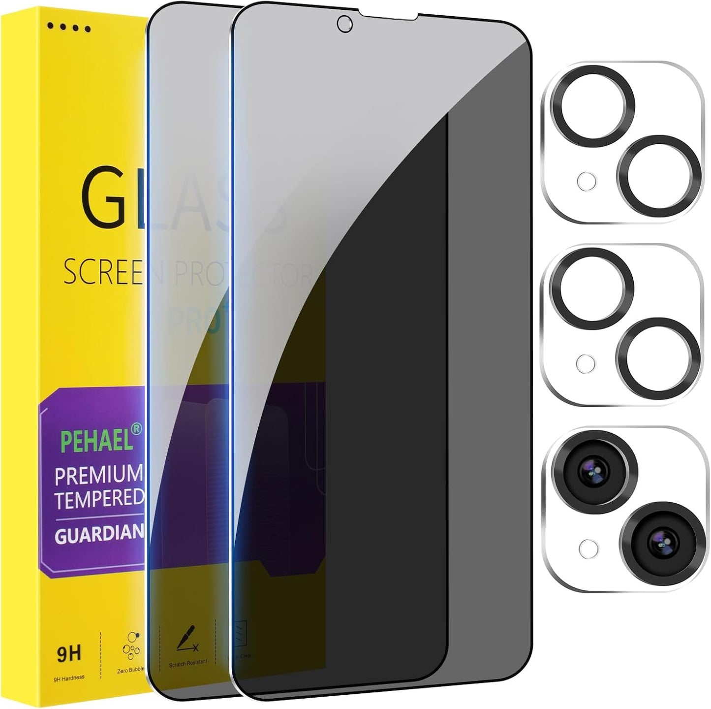 PEHAEL 2+2Pack for iPhone 14 Plus Privacy Screen Protector with Camera Lens Protector Full Coverage Anti-Spy Tempered Glass Film 9H Hardness Easy Installation Bubble Free [6.7 inch]