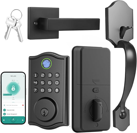 Smart Front Door Lockset, Keyless Entry Deadbolt with Handle, Fingerprint/App/Code/Key Unlock, Anti-Peeping Keypad, Auto-Lock, Easy Install