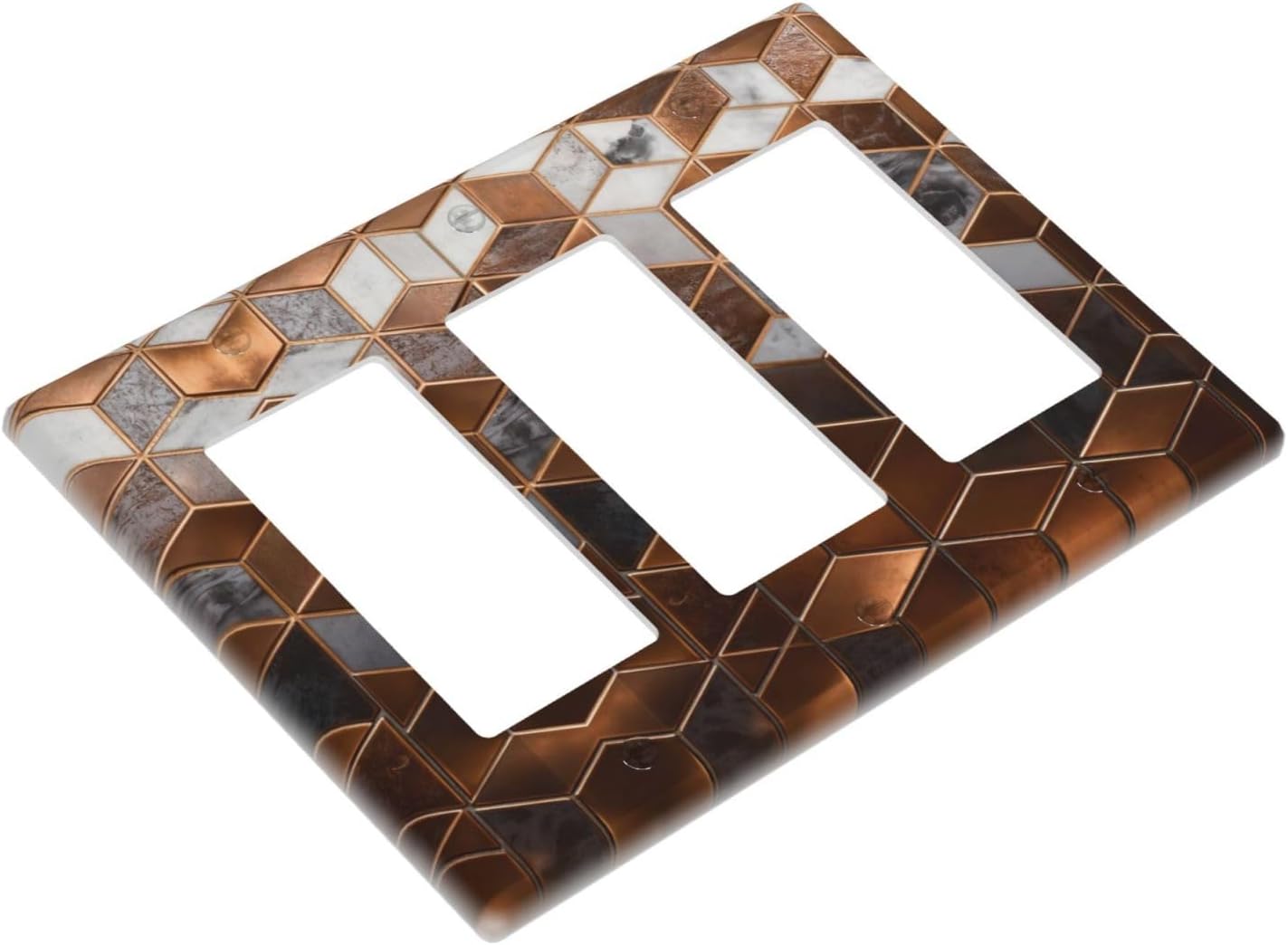 Brown Abstract Luxury Modern Geometric Cubic Marble 3 Gang Triple Rocker Decorative Light Switch Covers Electrical Faceplate Switch Plates for Bathroom Kitchen Home