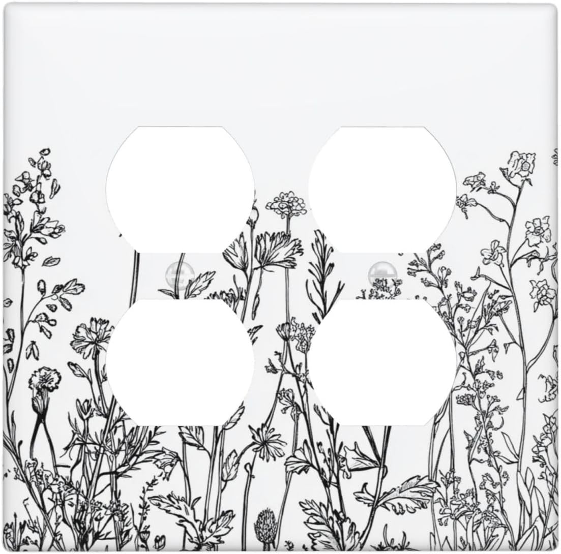 Outlet Covers Floral Wildflower Rustic Plant Leaves 2 Gang Double Duplex Decorative Light Switch Covers Electrical Wallplates Socket Faceplate For Farmhouse Cabin Decor