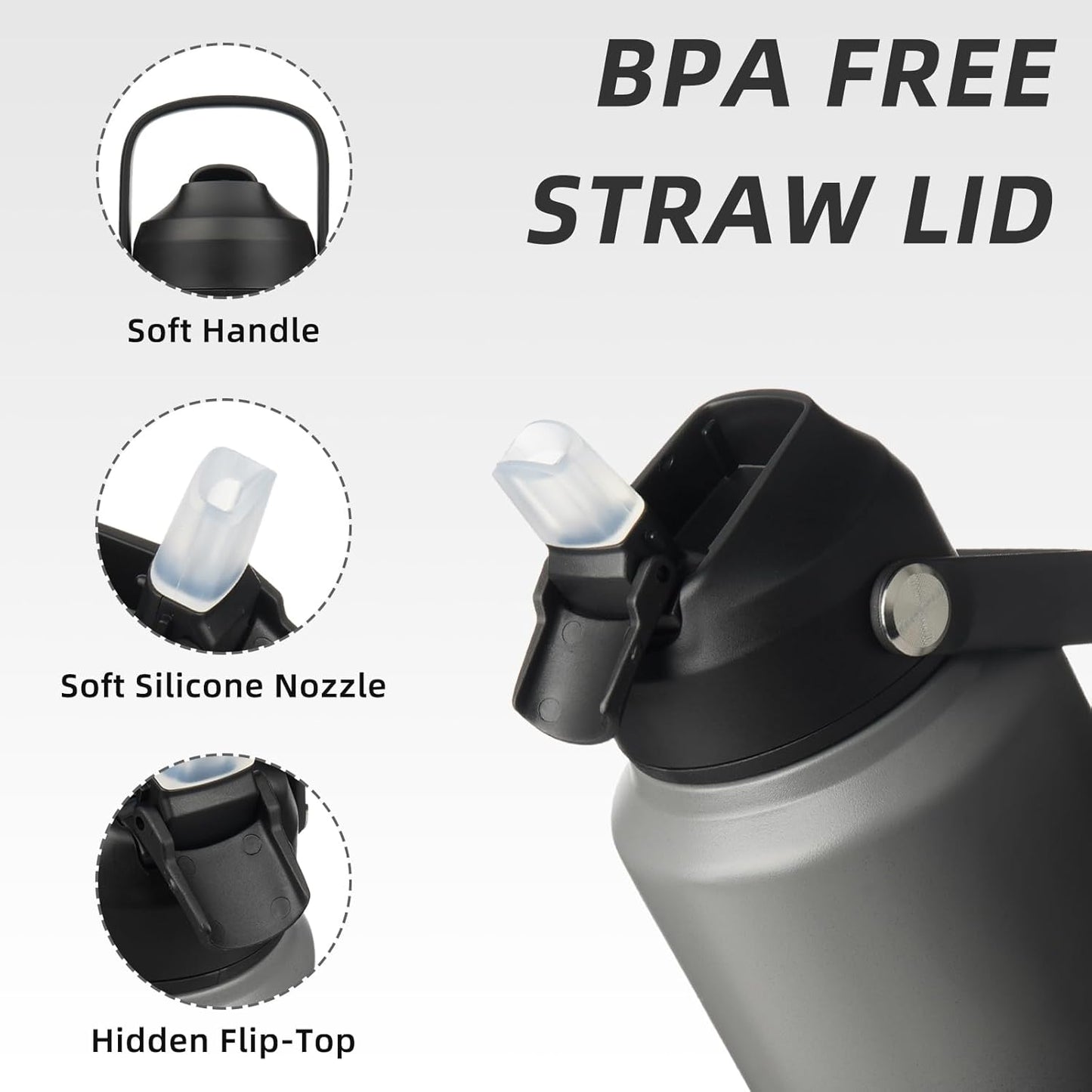 BJPKPK Water Bottle with Straw Lid, 32oz Vacuum Insulated Water Bottles, Metal Stainless Steel Thermo for Sports, Travel, BPA Free Leak Proof Thermo, Cups, Flasks, Tumblers,Black Grey
