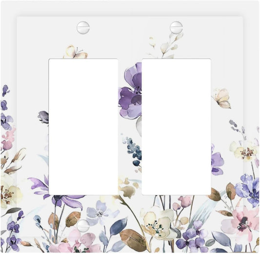 Decorative Outlet Covers Purple Floral Lilac Watercolor Flower Leaves Butterfly Wildflower 2 Gang Double GFCI Rocker Electrical Wall Panels Light Switch Cover Plate for Bedroom Home Decor