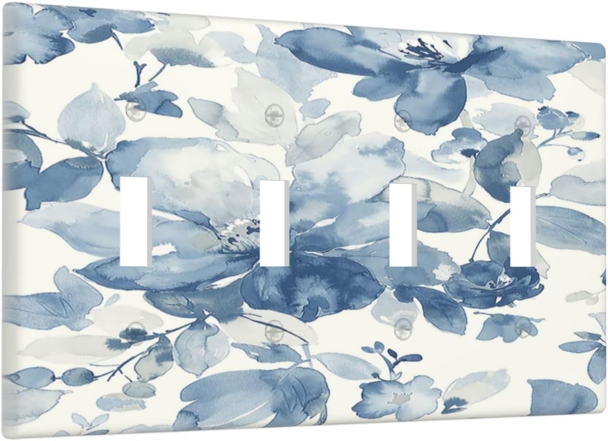 Light Switch Covers Blue Watercolor Floral Quad Toggle Electrical Faceplate 4 Gang Wall Plate Decorative Switch Plates for Bedroom Bathroom Decor