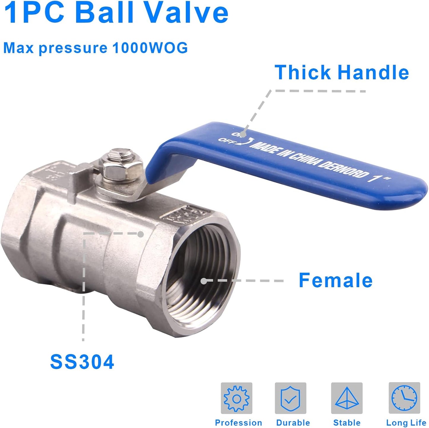 DERNORD Stainless Steel Ball Valve 1PC Type 1 Inch NPT Standard Port for Water, Oil, and Gas (1 Inch Ball Valve)