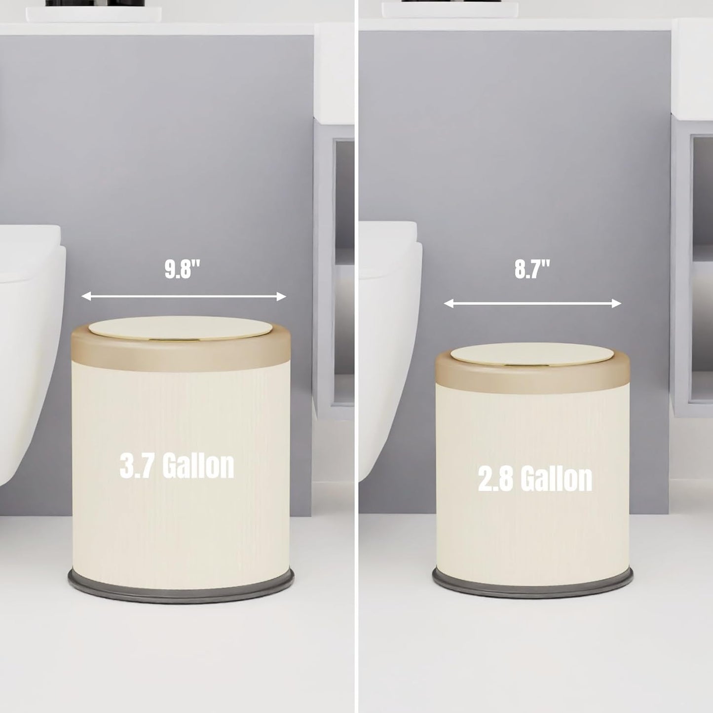 URALFA 2Pack Bathroom Trash Can with Lid, Small Garbage Can Dog Proof, Plastic Waste Basket with Pop-up Lid for Toilet, Office, Bedroom, Living Room, 2.8 Gallon + 3.7 Gallon (Cream White)