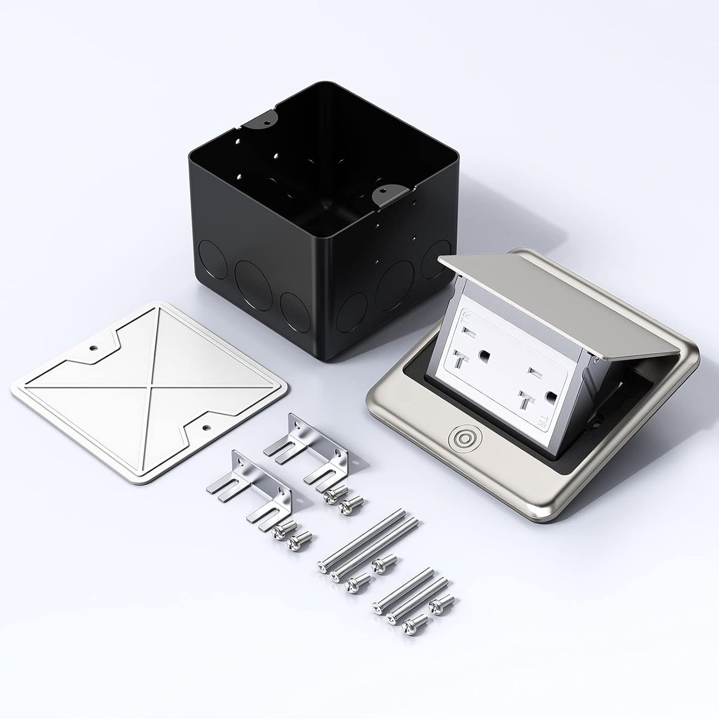 KYHSHJ Pop Up Floor Electrical Outlet Box Kit，20 Amp Stainless Steel TR Tamper-Resistant Duplex Receptacle Outlet， Corrosive Resistant Hardware，ETL Listed, Stainless Steel Color