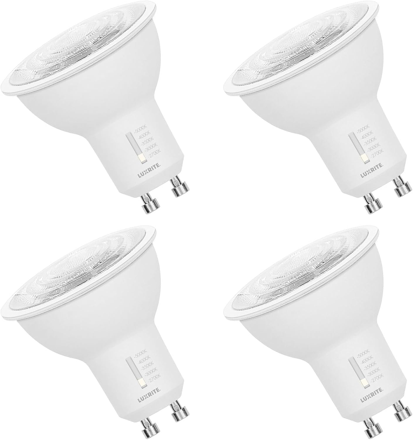 LUXRITE GU10 LED Bulbs Dimmable, 50W Halogen Equivalent, 5 Color Selectable 2700K-5000K, 6.5 Watt, 500 Lumens, 120V Spotlight LED Bulb GU10, Enclosed Fixture Rated (4 Pack)