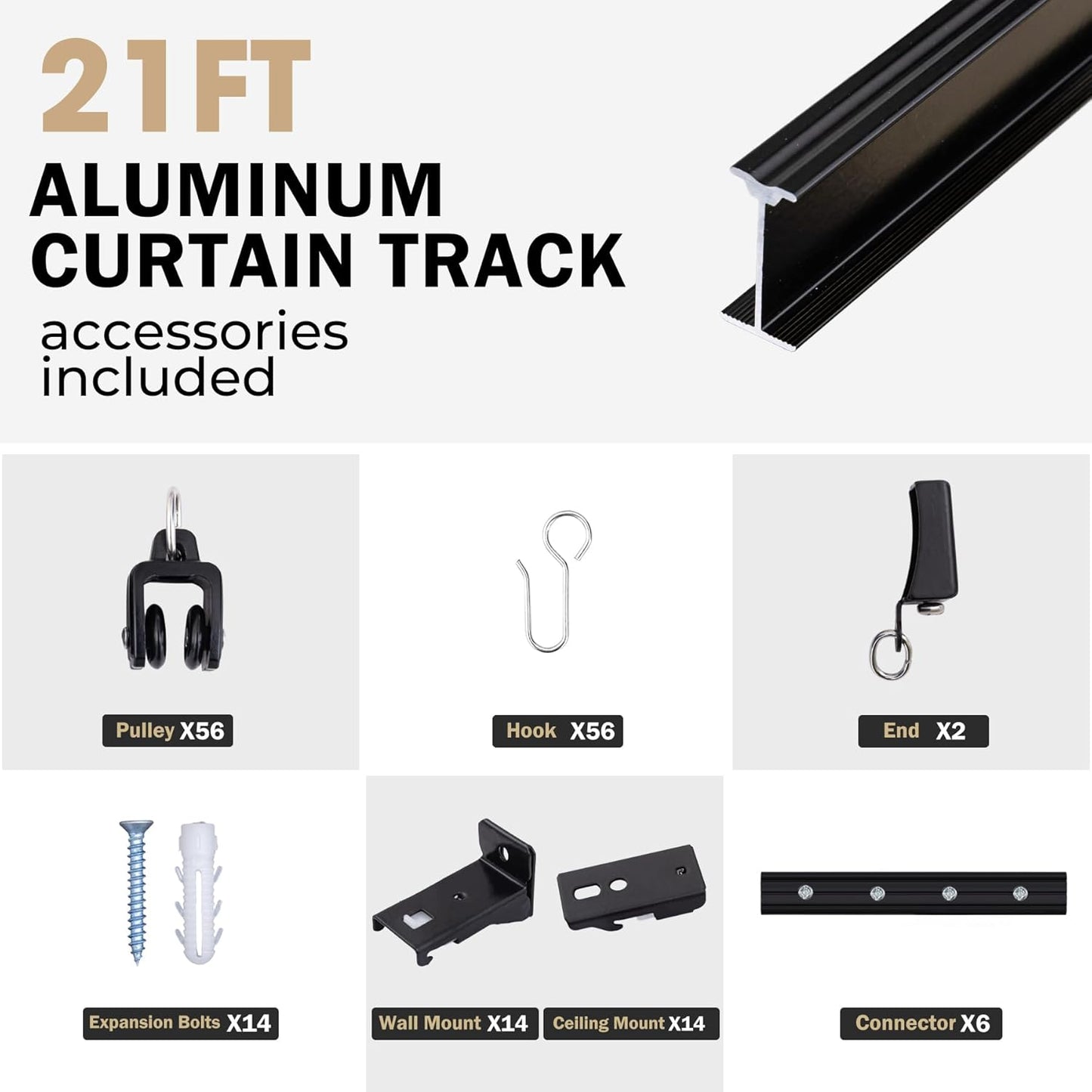Aluminum Ceiling Curtain Track Set with Hooks Ceiling Mount and Wall Mount Room Divider Sliding Curtain Tracks Rods Flexible Heavy Duty Curtain Rail Hook Sets, Black, 21FT