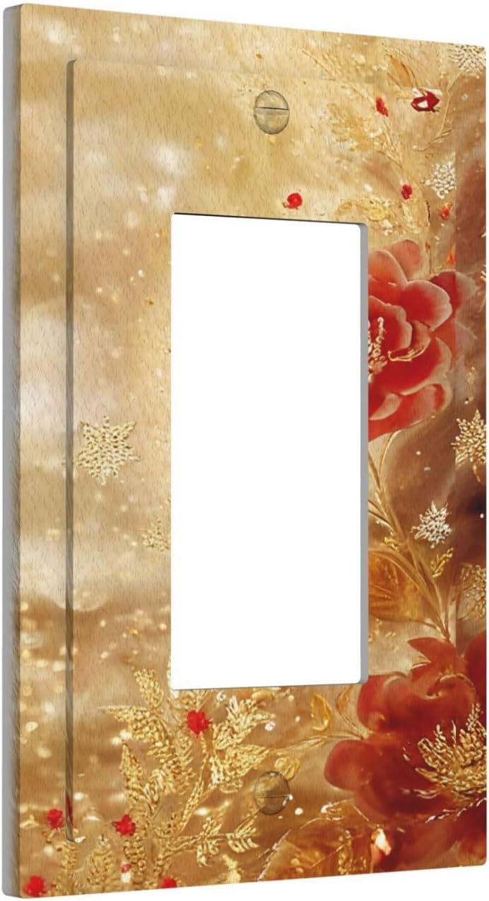 Decorative Outlet Covers Golden Leaf Red Peony Flowers Floral 1 Gang Single Decora GFCI Device Light Switch Covers Plate 1 Rocker Wall Plate Jumbo Faceplate for Home Decor